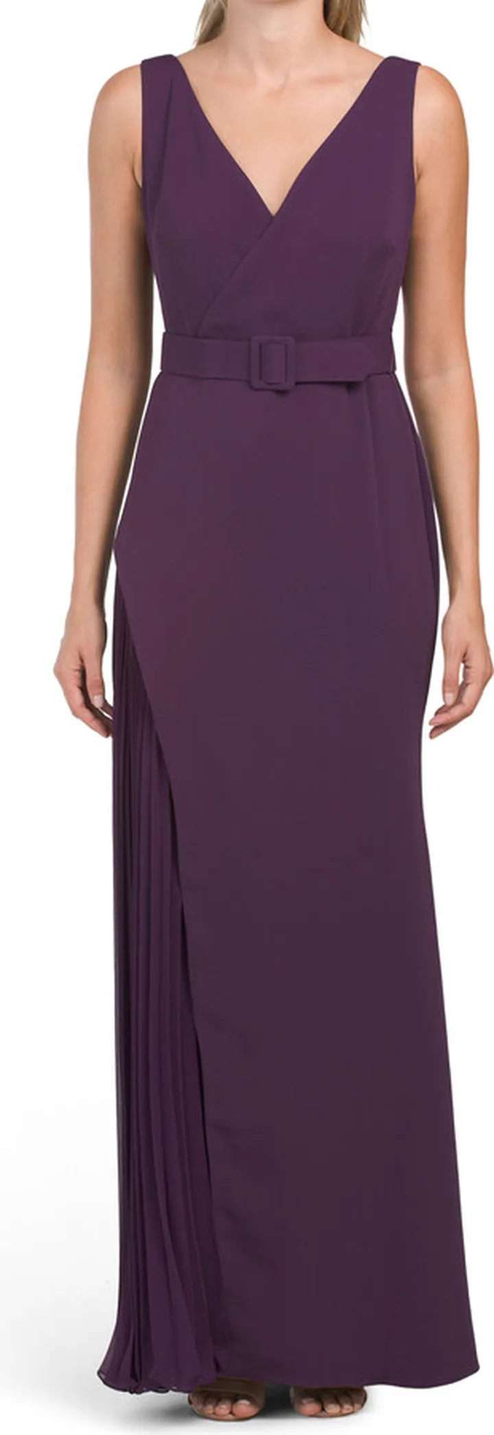 Sleeveless V-neck Gown With Belt Detail