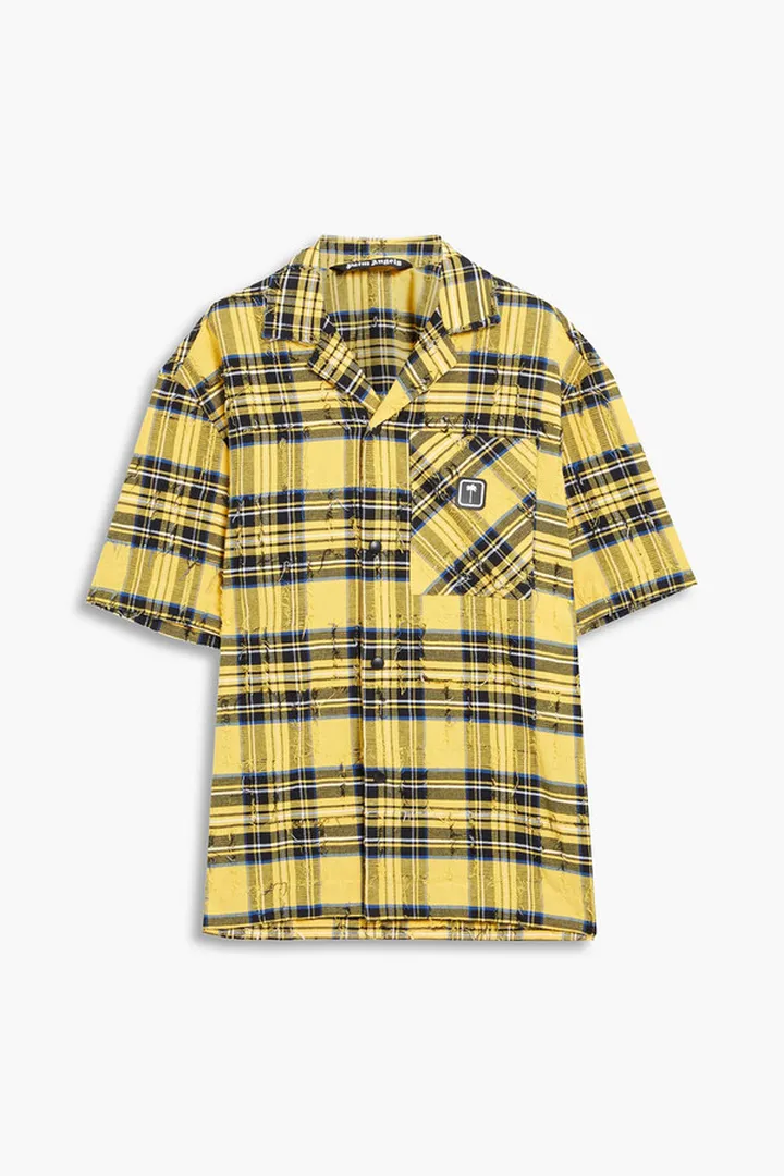 Distressed checked printed cotton-twill shirt
