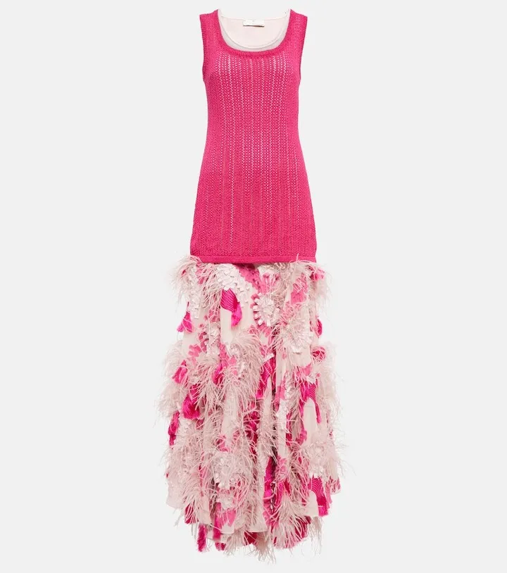 Feather-trimmed embroidered gown