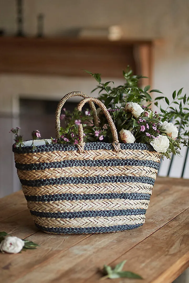 Striped Seagrass Tote Black