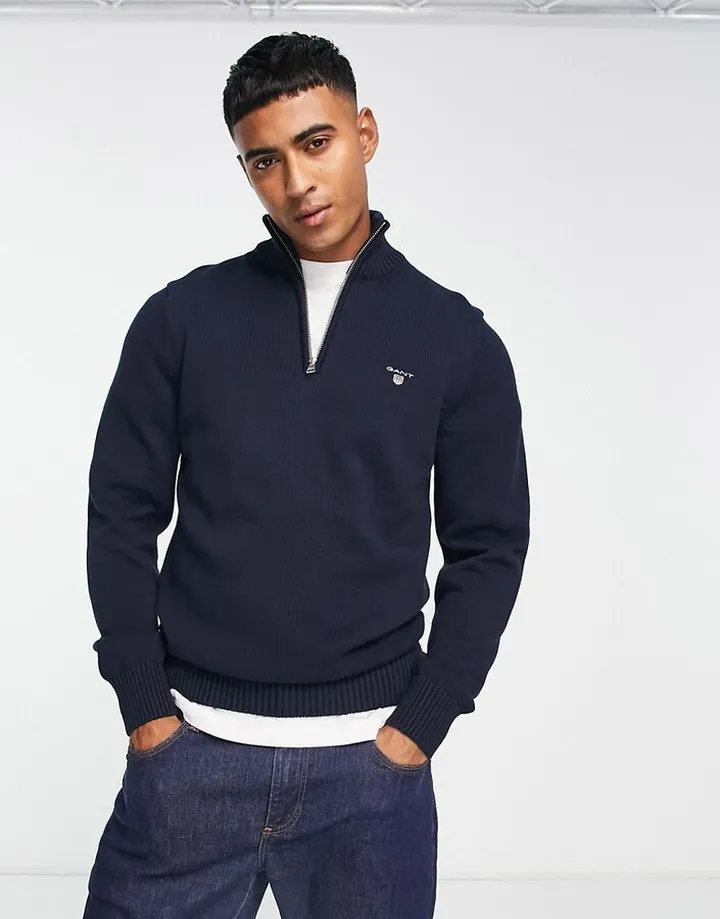 Gant icon logo heavy cotton half zip knit sweater in navy