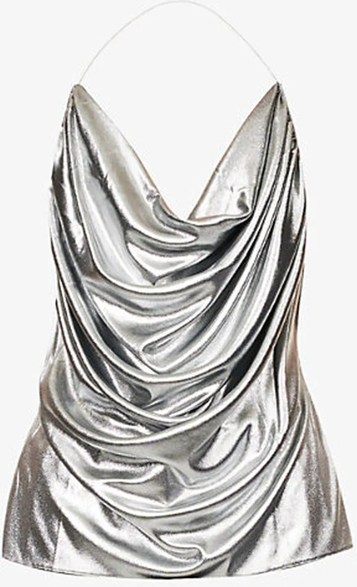 Womens Black Silver Draped Halter-neck Woven top