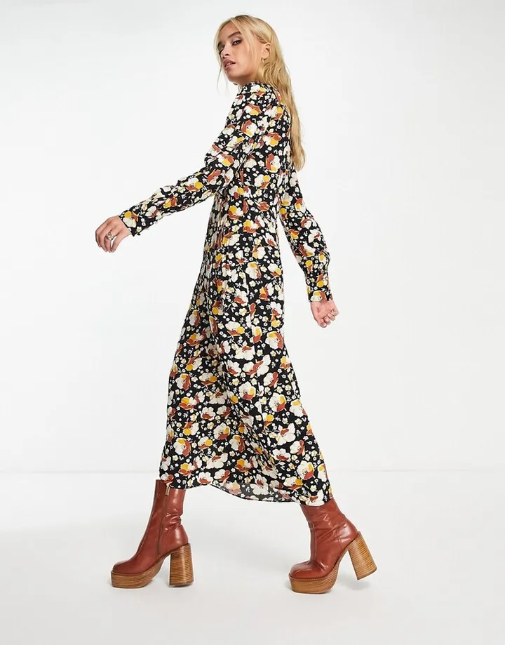 & Other Stories tie detail midi dress in brown floral print