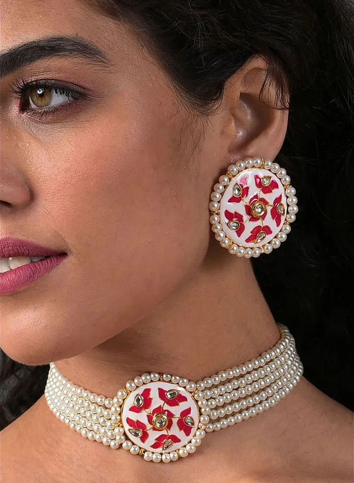 Gold Plated Designer Stone Pearl Necklace and Earrings Set