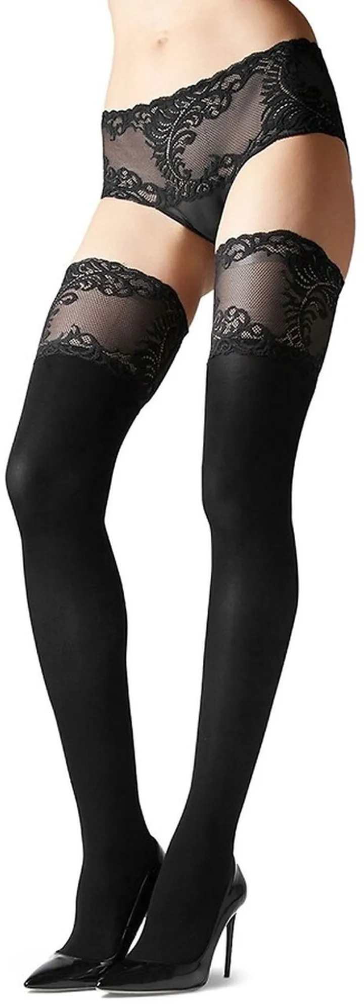 Lace Feather Opaque Thigh-High Stockings
