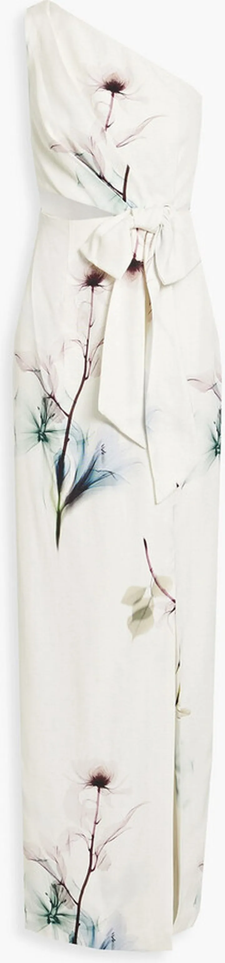 One-shoulder cutout printed faille maxi dress