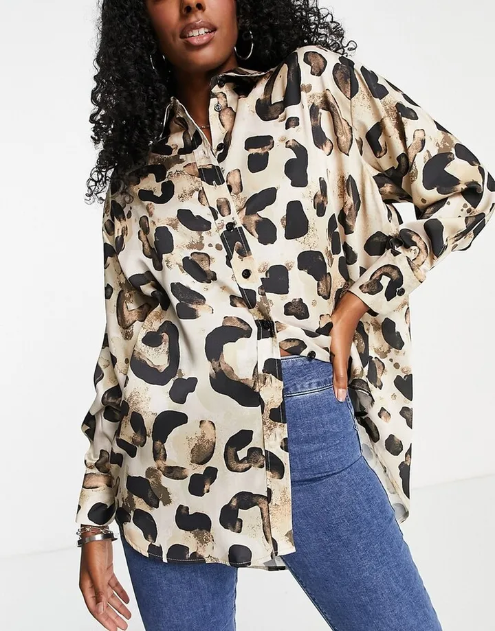 Topshop oversized animal satin shirt in neutral