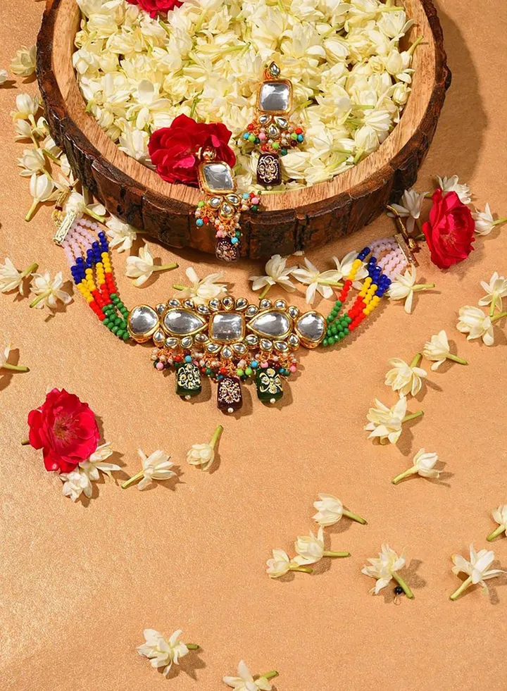 Gold Plated Kundan Beaded Necklace and Earring Set