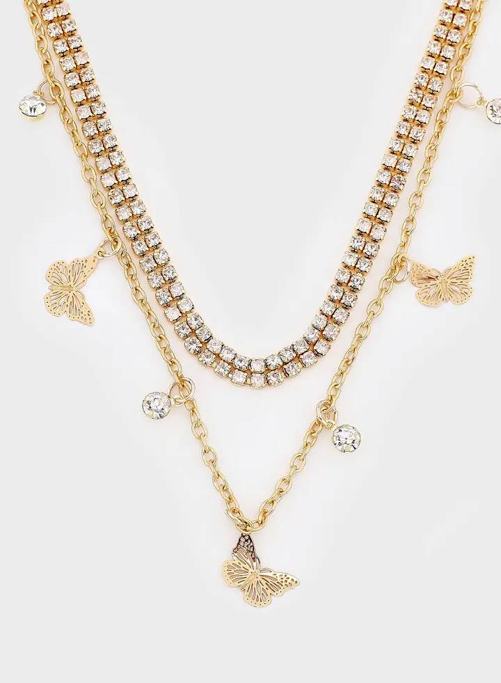 Diamante Butterfly Layered Necklace