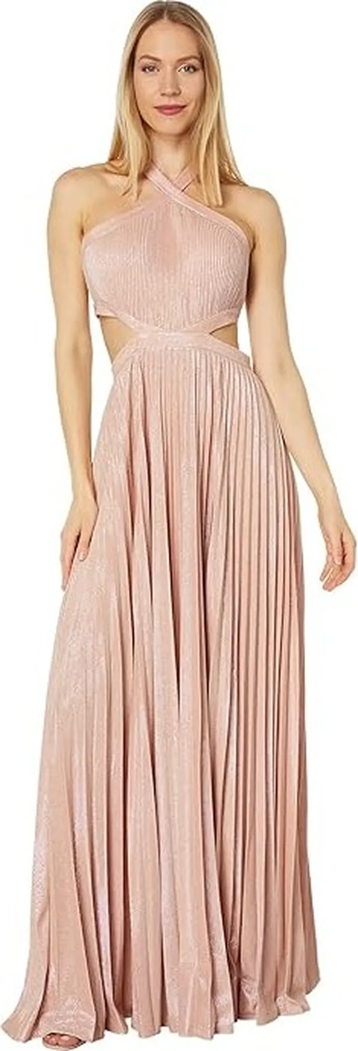 BCBGMAXAZRIA Pleated Metallic Cross Neck Evening Gown (Bare Pink) Women's Dress