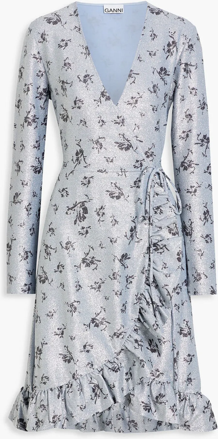 Printed ruffled tinsel wrap mini dress