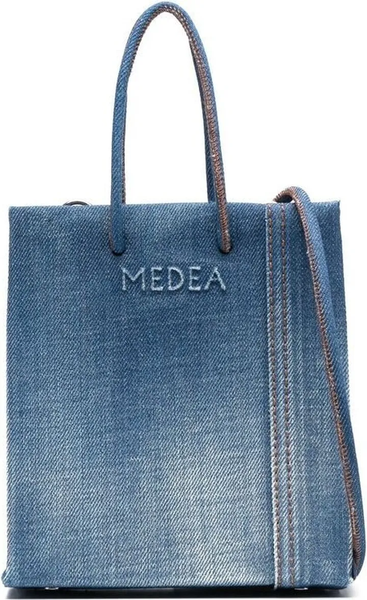 Embossed-Logo Washed Denim Shopper Bag