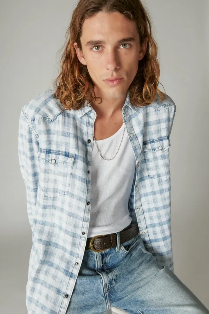 Indigo Linen Plaid Western Long Sleeve Shirt