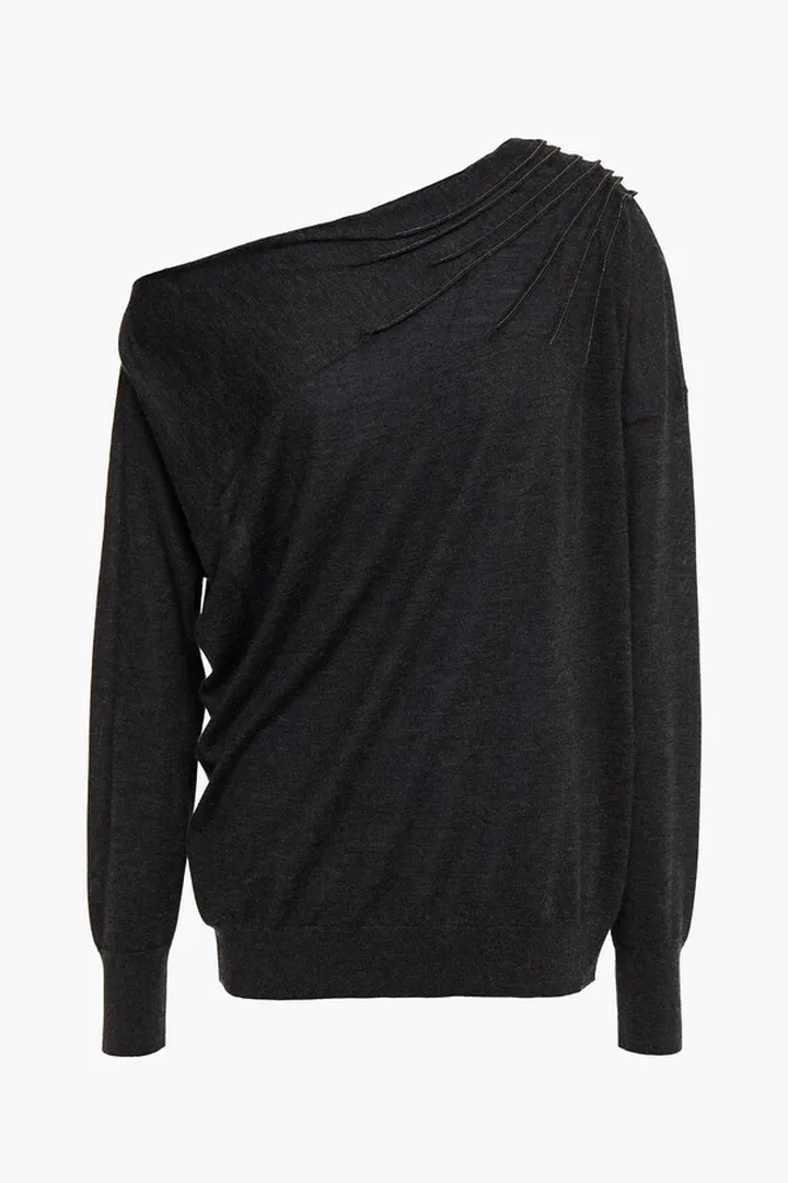 Bead-embellished draped cashmere and silk-blend sweater