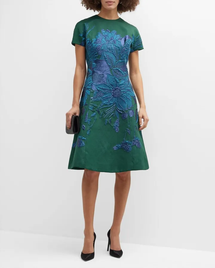 Short-Sleeve Floral Jacquard Dress