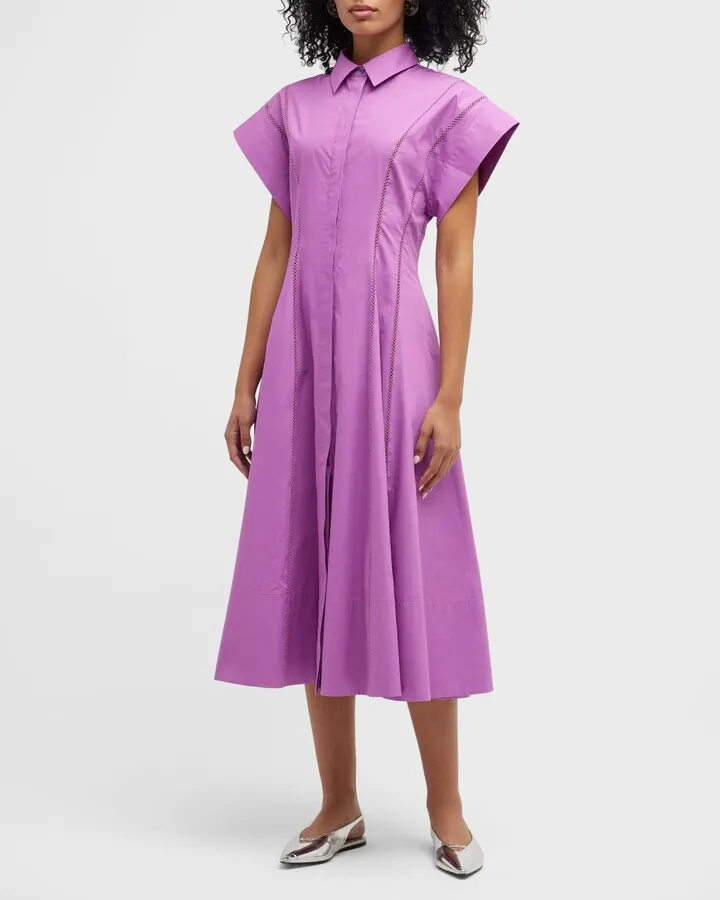 Ladder-Trim Cap-Sleeve Midi Shirtdress