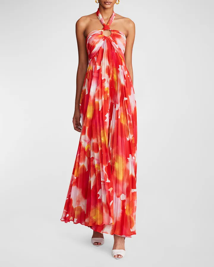 Jill Pleated Cutout Chiffon Halter Gown