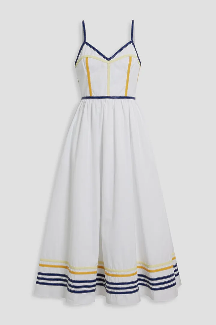 Faux leather-trimmed cotton-poplin midi dress