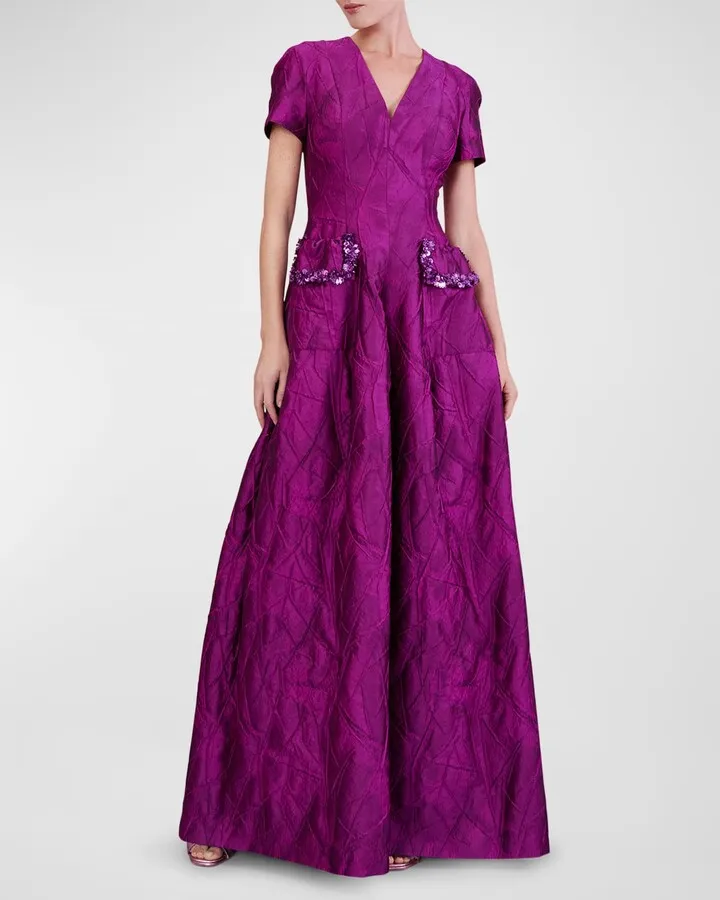 Reo Embellished-Pocket Mikado Jacquard Gown