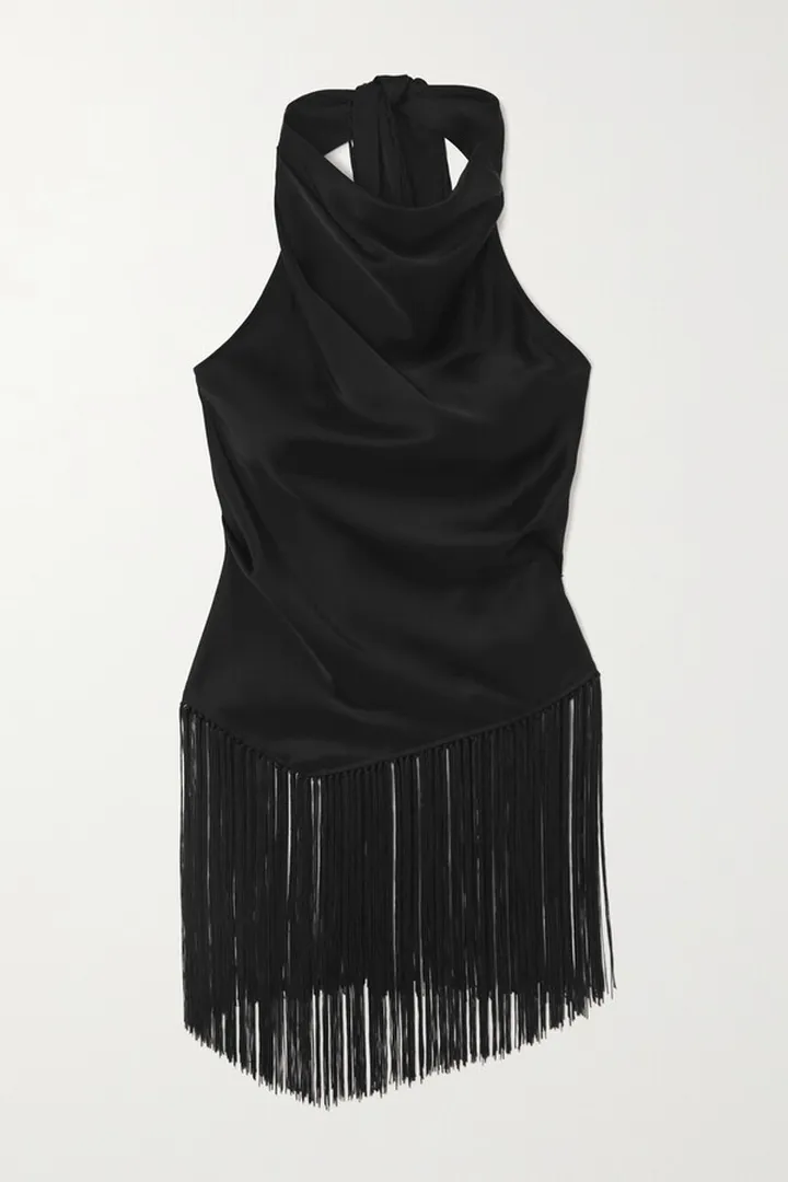Nanushka - Kori Draped Fringed Satin Halterneck Top - Black
