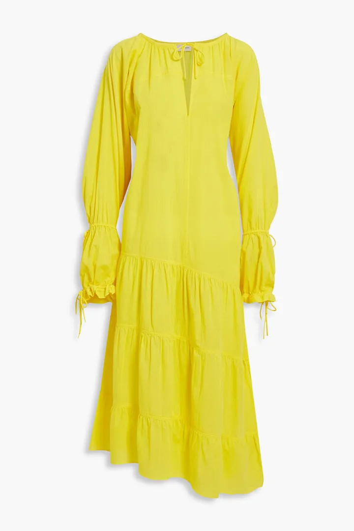 Tie-front asymmetric tiered striped cotton-voile midi dress