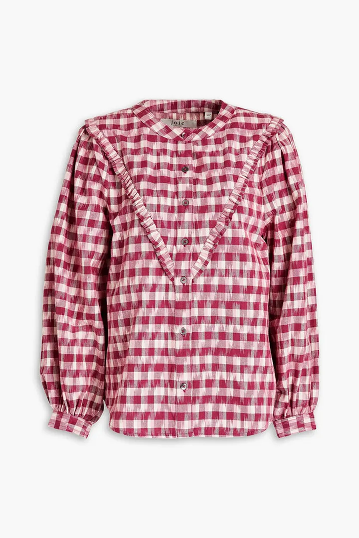 Checked ruffle-trimmed cotton blouse