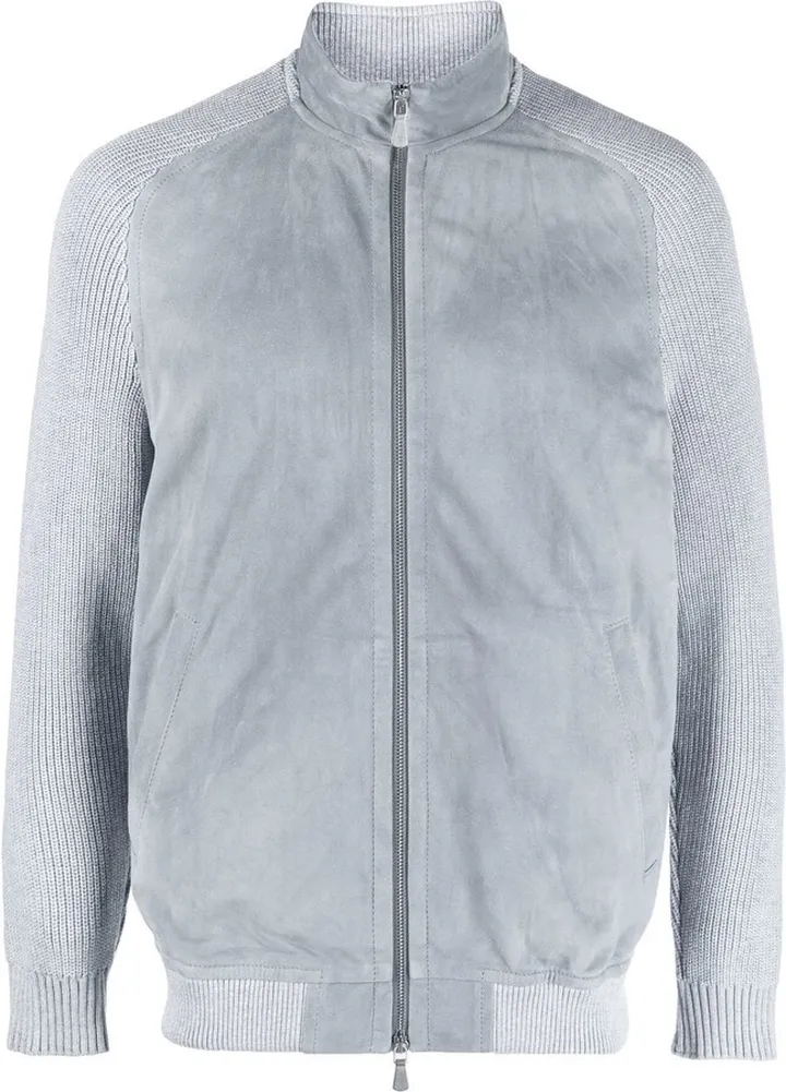 Leather-Panel Zipped-Up Bomber Jacket