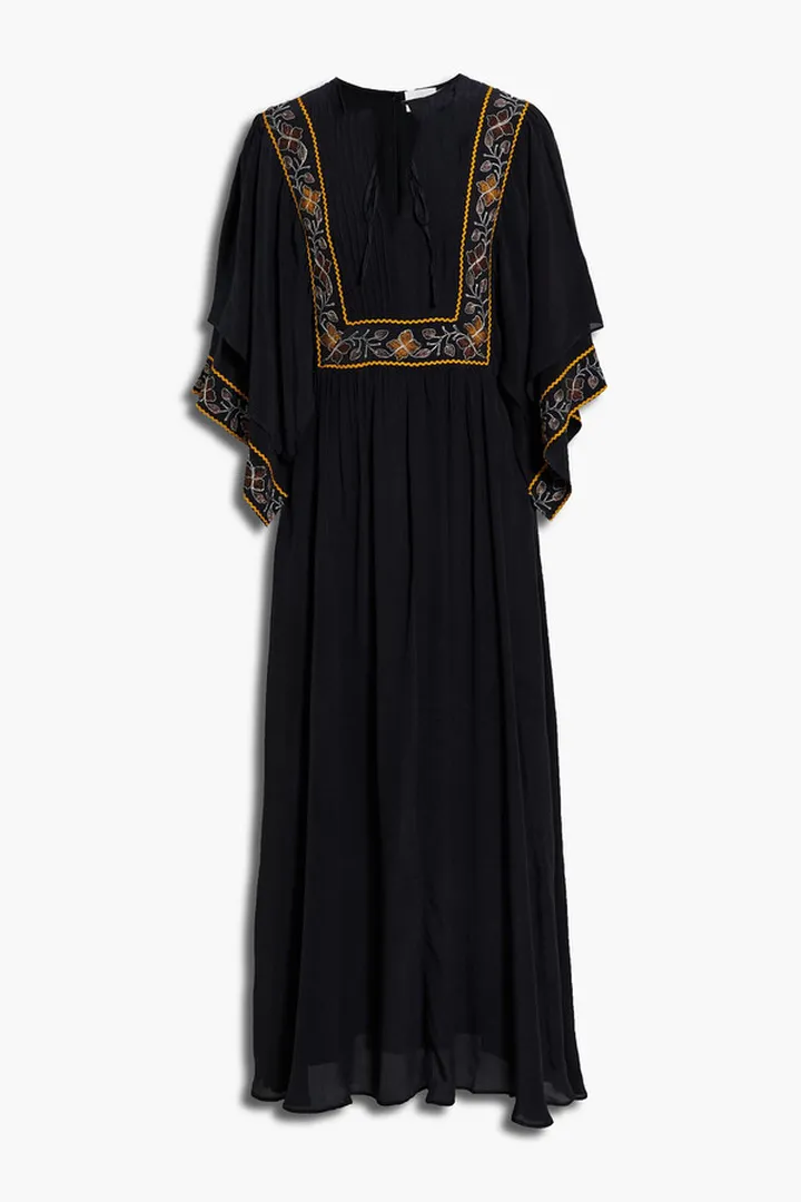 Romie rickrack-trimmed embroidered crepe de chine maxi dress