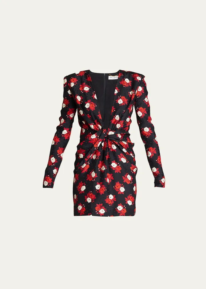 Floral Polka-Dot Jacquard Twist-Front Mini Dress