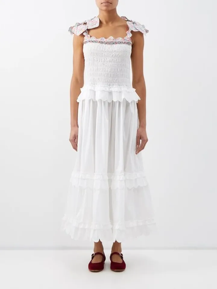 Katie Shoulder-tie Shirred Cotton Midi Dress