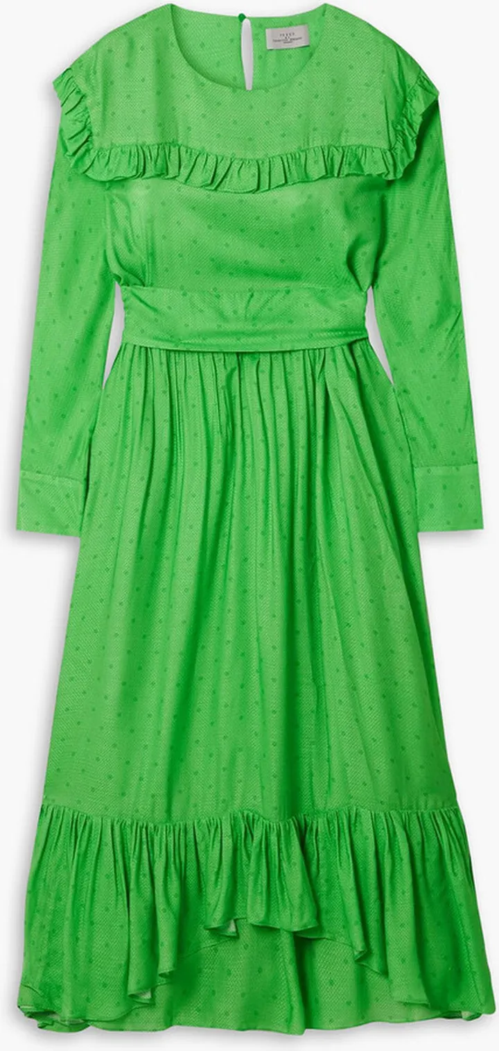 Iris belted ruffled satin-jacquard midi dress