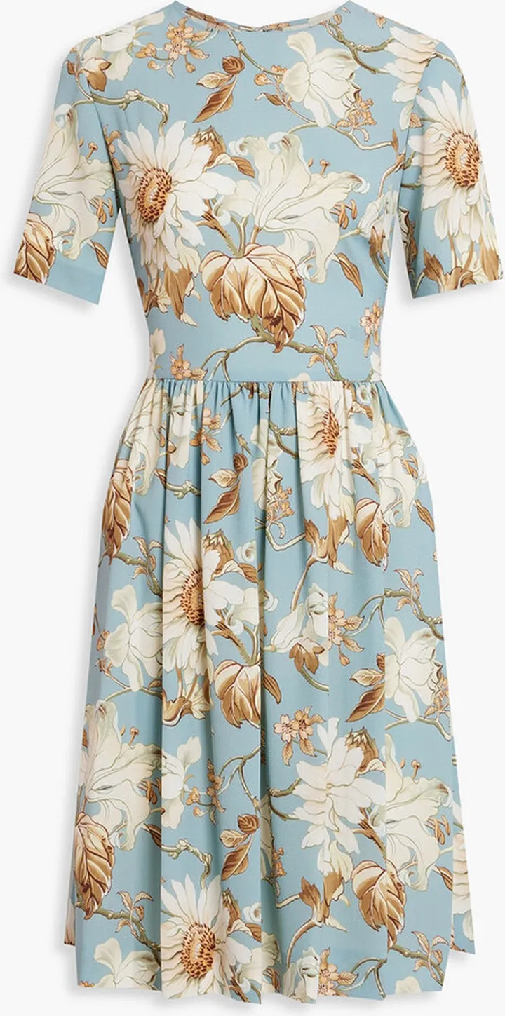 Pleated floral-print crepe de chine dress