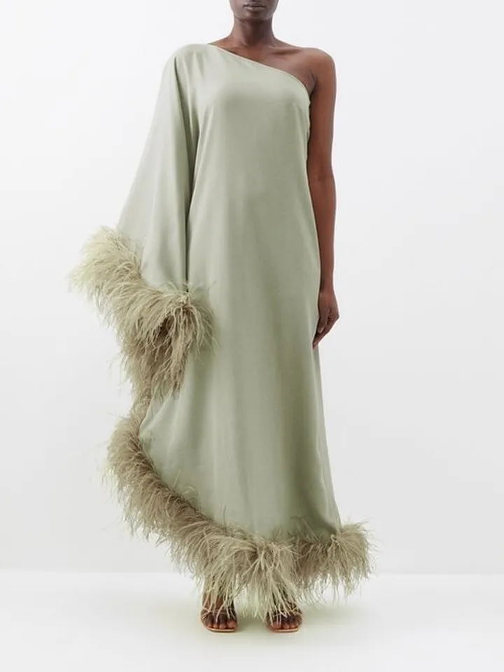 Ubud One-shoulder Feather-trimmed Dress