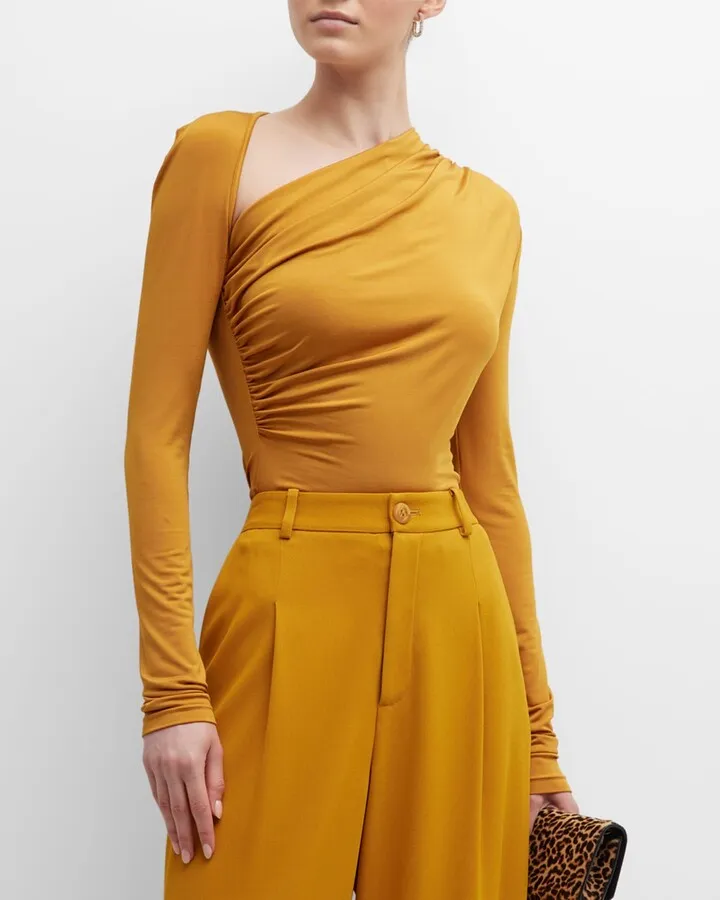 Asymmetric Ruched Long-Sleeve Jersey Top