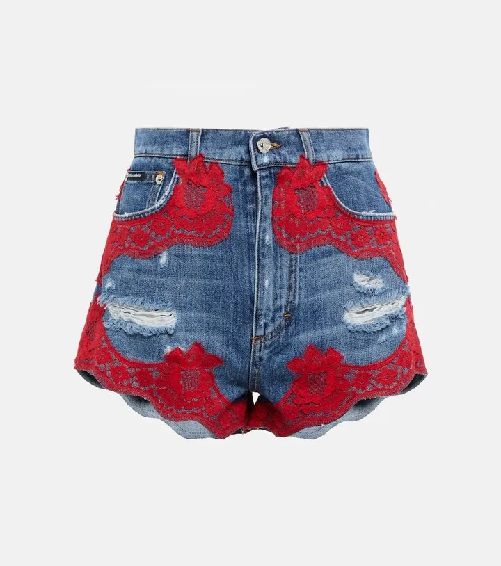 Lace-trimmed high-rise denim shorts