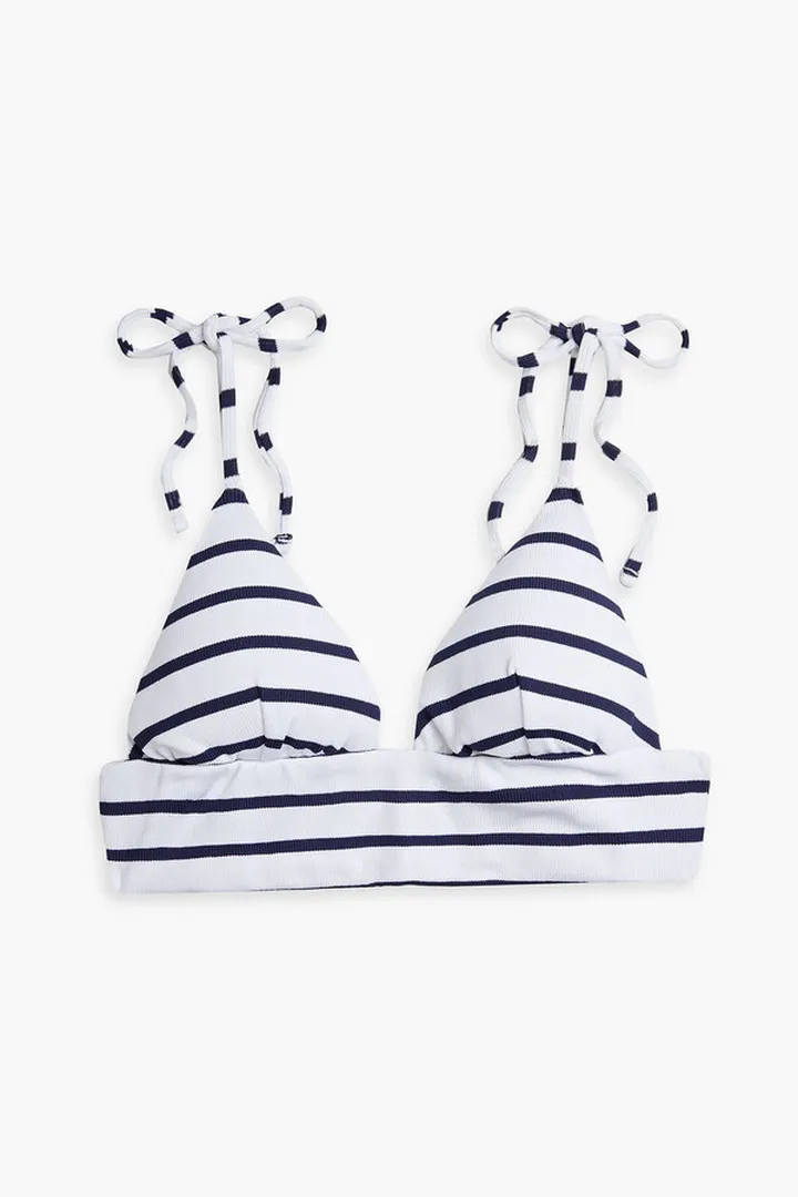 Dawn bow-detailed striped ribbed bikini top