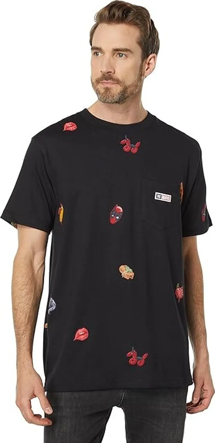 DC Marvel Deadpool X DC T-Shirt Collection ((Deadpool All Over Pocket Tee) Black) Men's Clothing