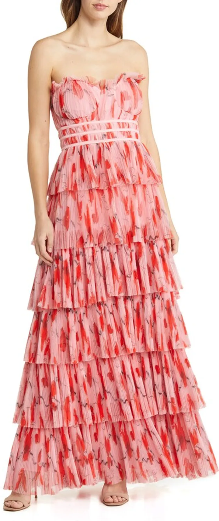 Monaco Strapless Ruffle Tiered Plissé Gown