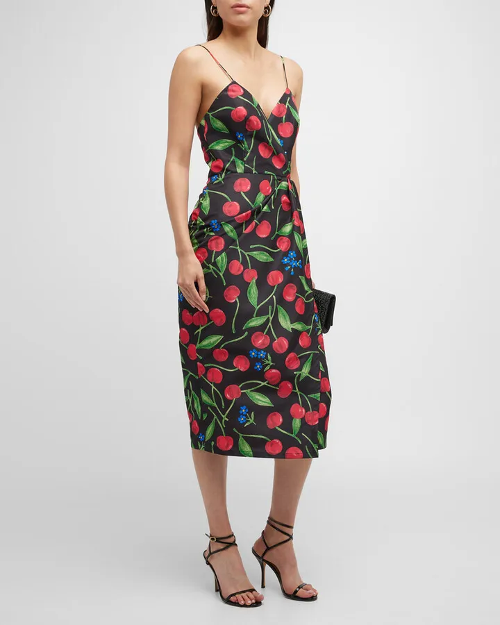 Cherry-Print Faux Wrap Midi Dress