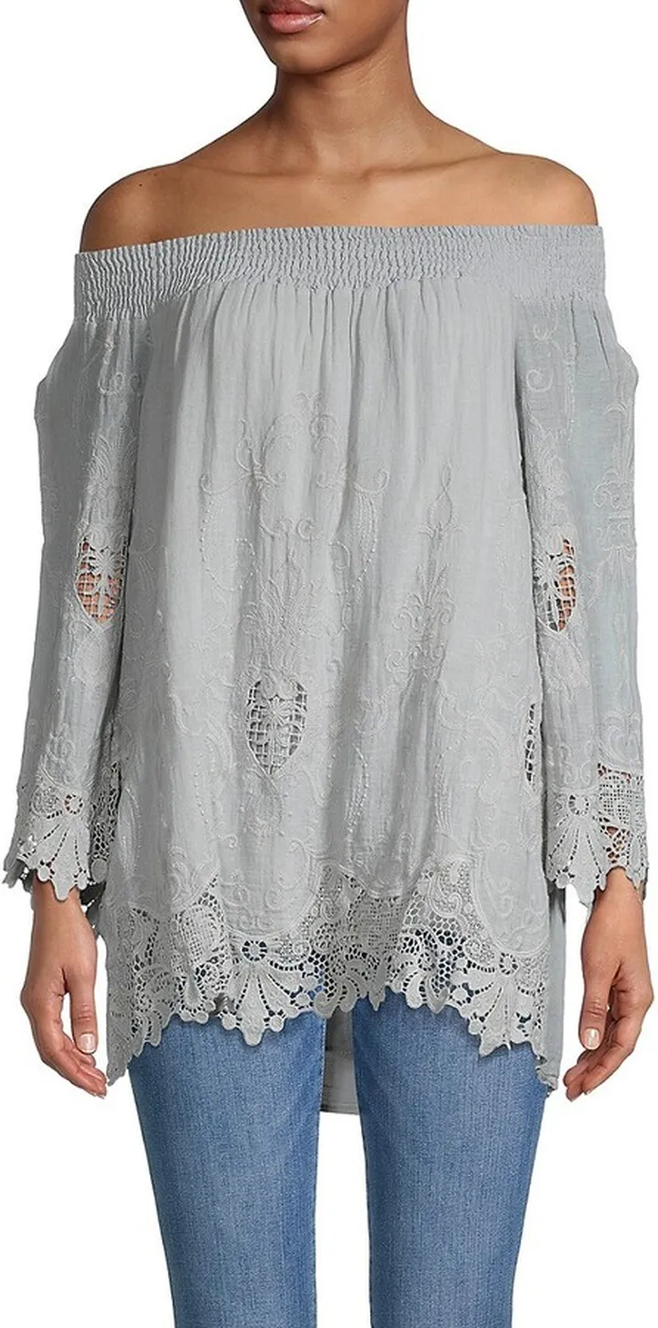 Smocked Off-the-Shoulder Inset Embroidered Tunic