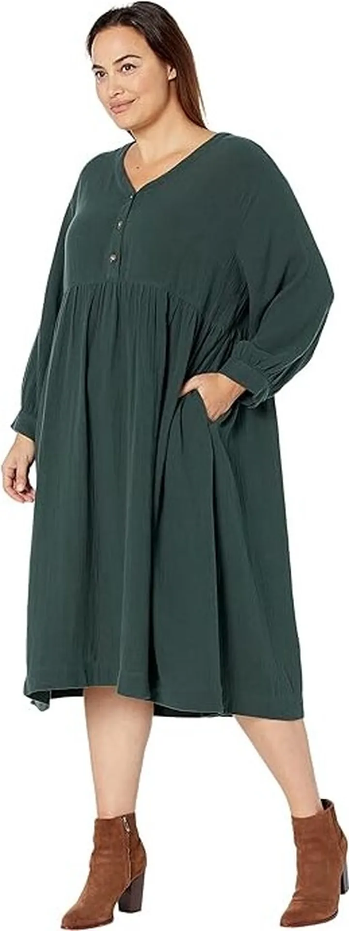 Madewell Plus Lightspun Button-Front Midi Dress (Dark Palm) Women's Dress