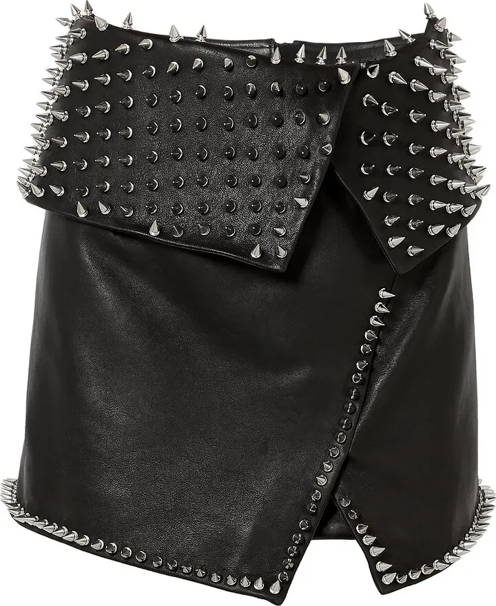 Wrap-effect studded leather mini skirt