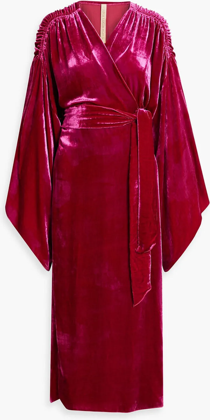 Olina ruched velvet midi wrap dress