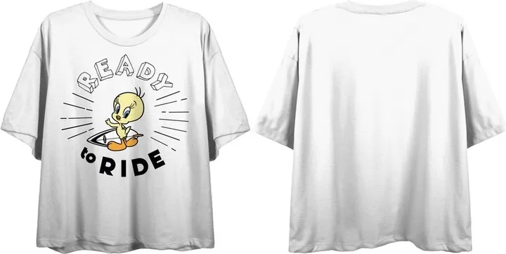 Looney Tunes Tweety Bird “Ready To Ride” Women’s White Cropped Tee-Large
