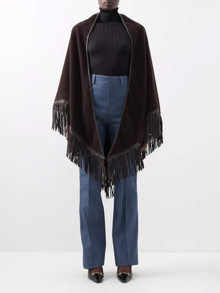 V-logo Cashmere Leather-trim Poncho