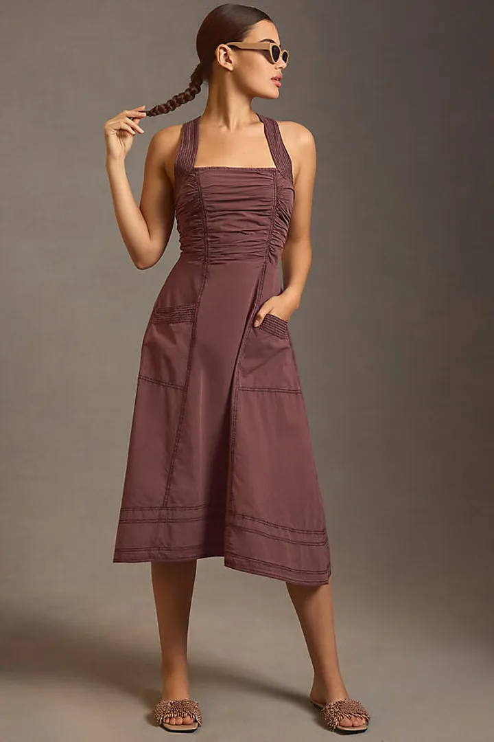 Pilcro Ruched Square-Neck Dress Brown