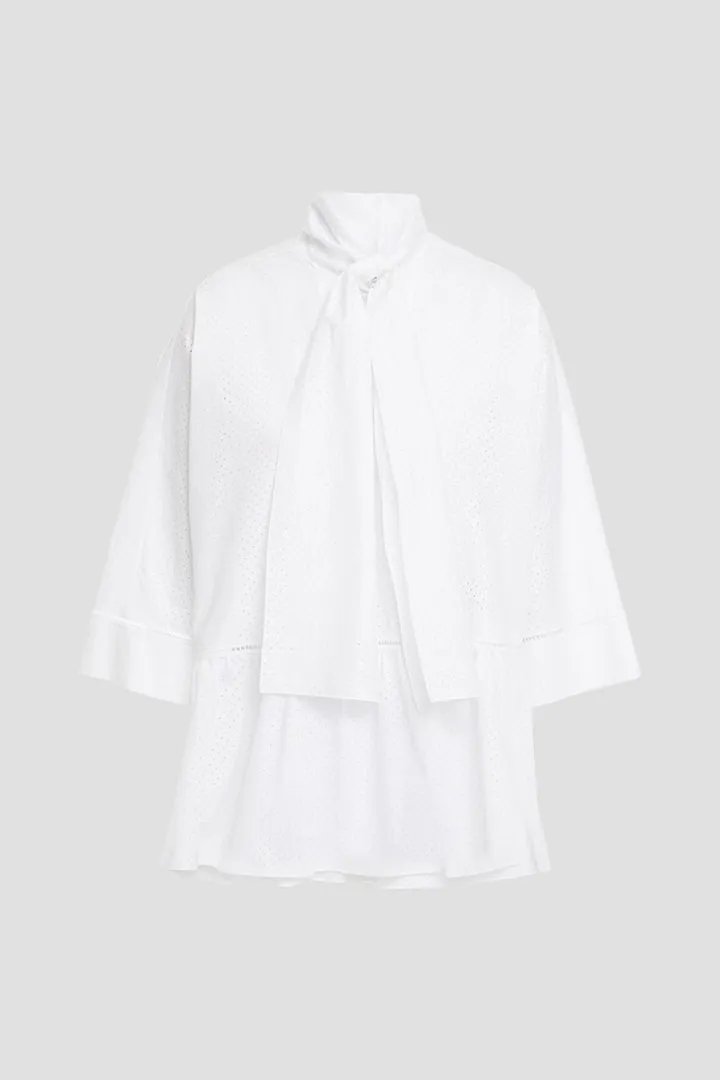 Tie-neck perforated cotton blouse