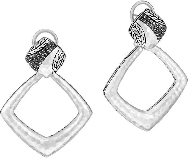 Classic Chain Hammered Silver Square Drop Back Earrings