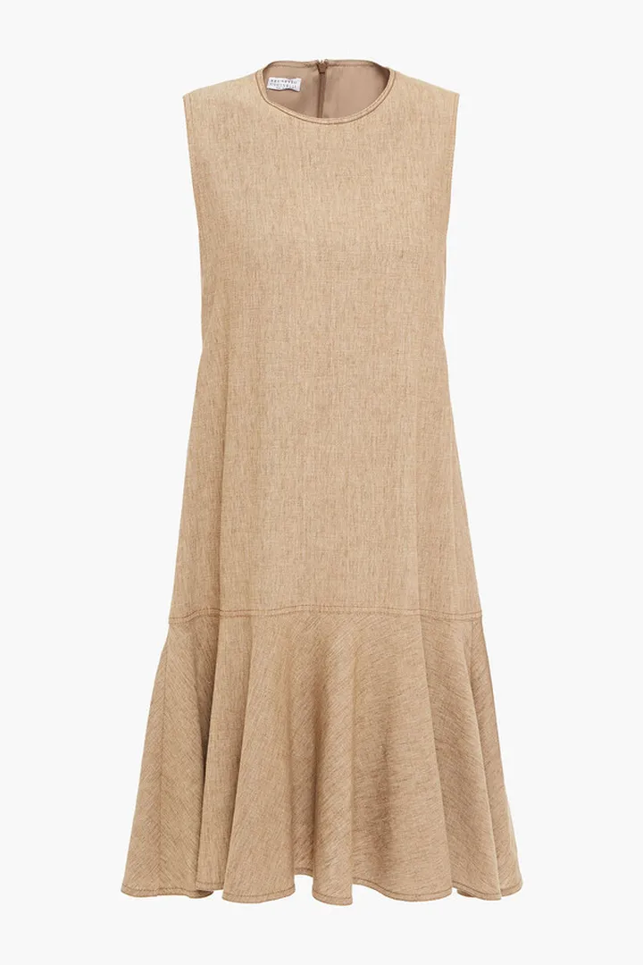 Fluted bead-embellished linen-blend dress