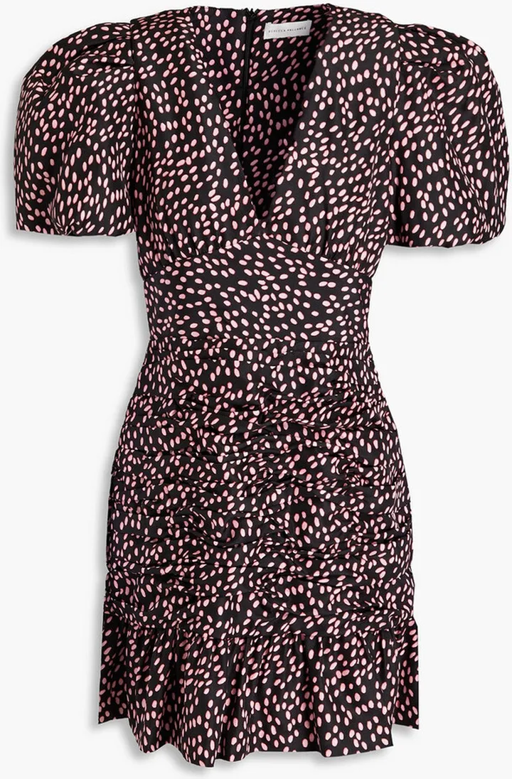 Gathered printed satin mini dress